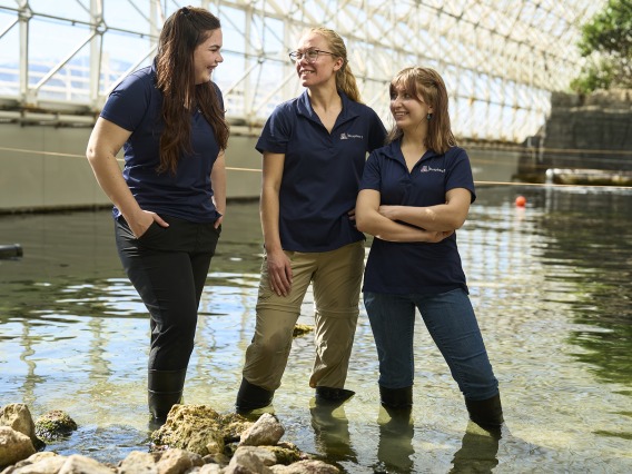 Three women standing in front of water at Biosphere 2