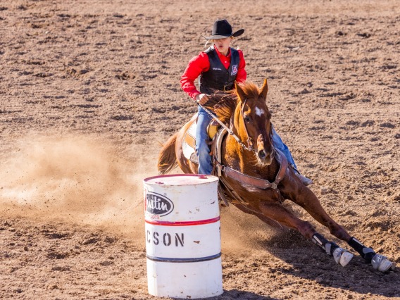 A photograph of Cyleigh Nelson competing in barrel racing at an intercollegiate rodeo held in Tucson