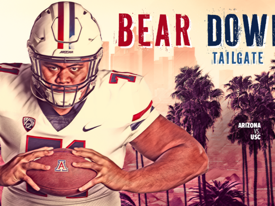 Graphic for USC Bear Down Tailgate event with UArizona football player posing with football in hand with LA skyline and palm trees behind him.
