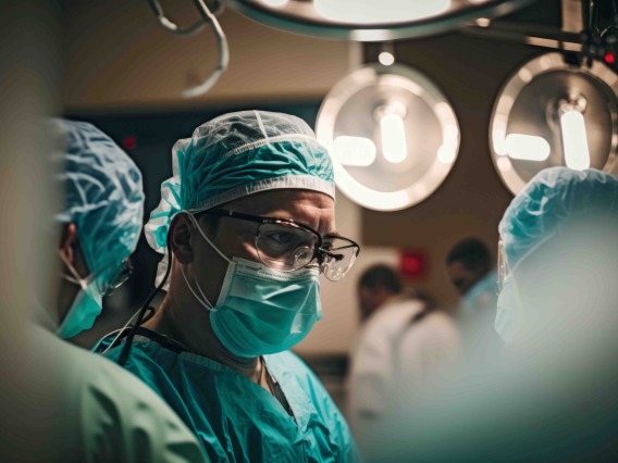 Surgeon in scrubs examines subject to denote healthcare related content