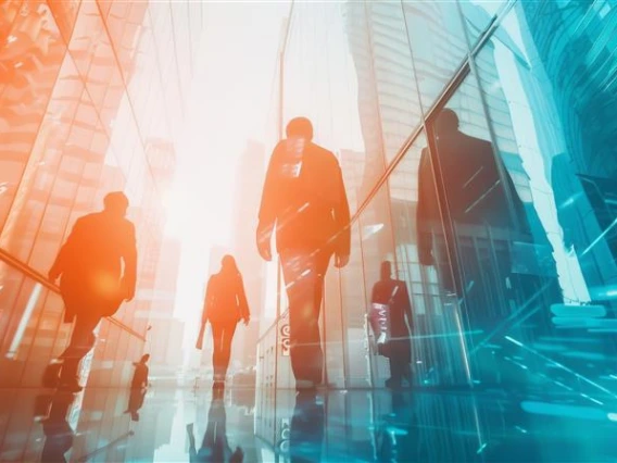 An image of people walking through an orange and blue sky line. 