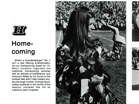 A homecoming queen smiling and waving next to text from the Class of 1974 yearbook