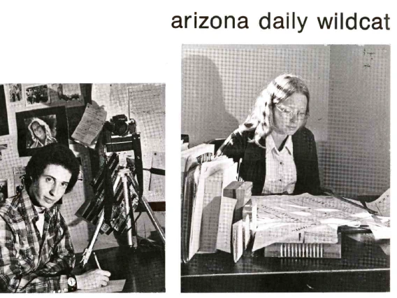 Image of a journalist and a photographer for the Arizona Daily Wildcat in the 1975 yearbook.