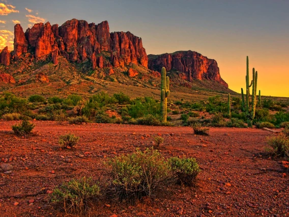 A photo of the The Superstition Mountains, east of Phoenix during golden hour.