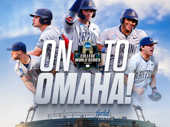 A graphic for the NCAA College World Series for the University of Arizona baseball team. The image includes 5 players on top, the Charles Schwab Stadium below them and the words "ON TO OMAHA" across it.