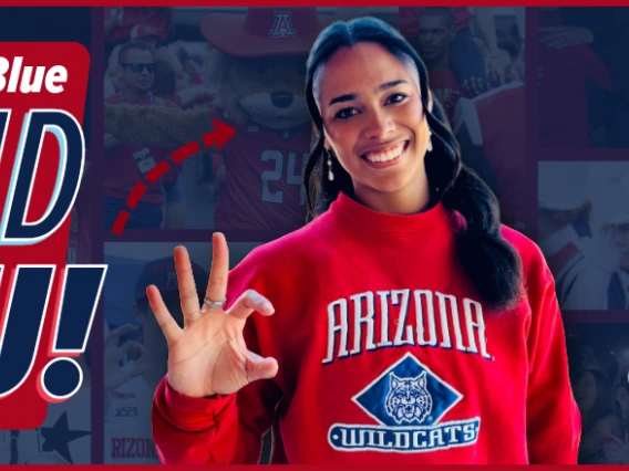 A smiling woman in a red 'Arizona Wildcats' sweatshirt holds up an the University of Arizona Wildcat hand sign, with text 'Red, Blue AND YOU!' and 'U OF A HOMECOMING 2025: A Homecoming Event for Graduates of the Last Decade' on a background collage of university scenes.