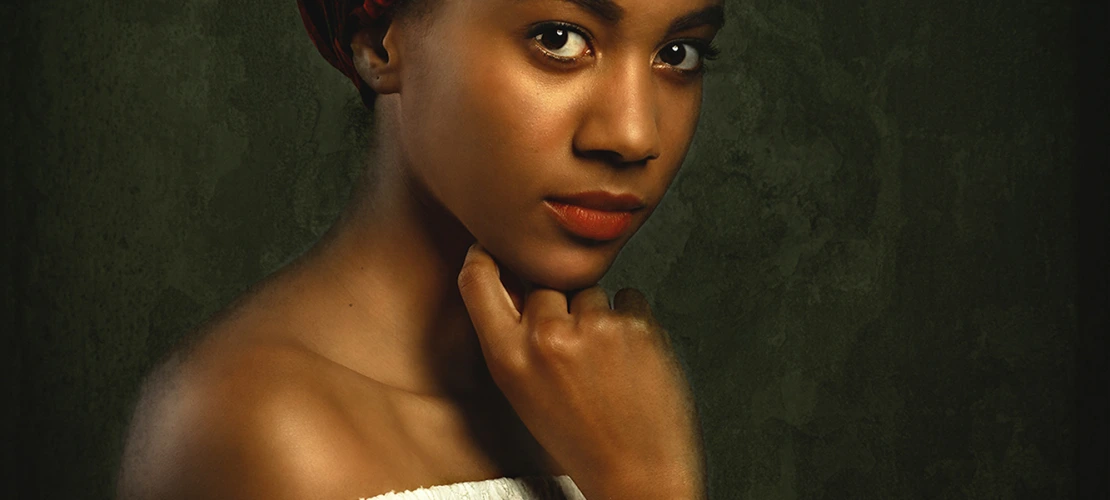 Painting of Black woman in white blouse and red headwrap