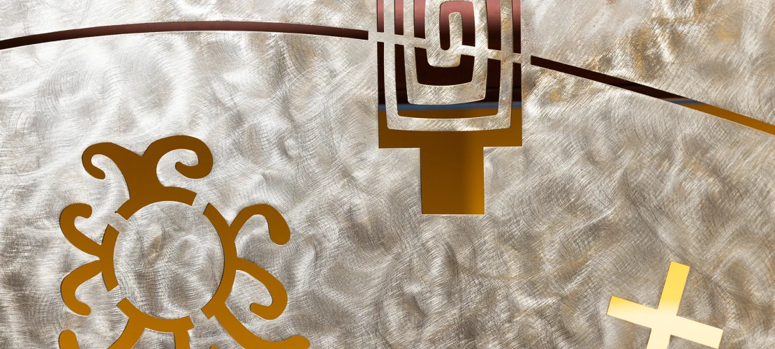Close-up of details on the 'Emergence' staircase featuring symbolism of Native cultures