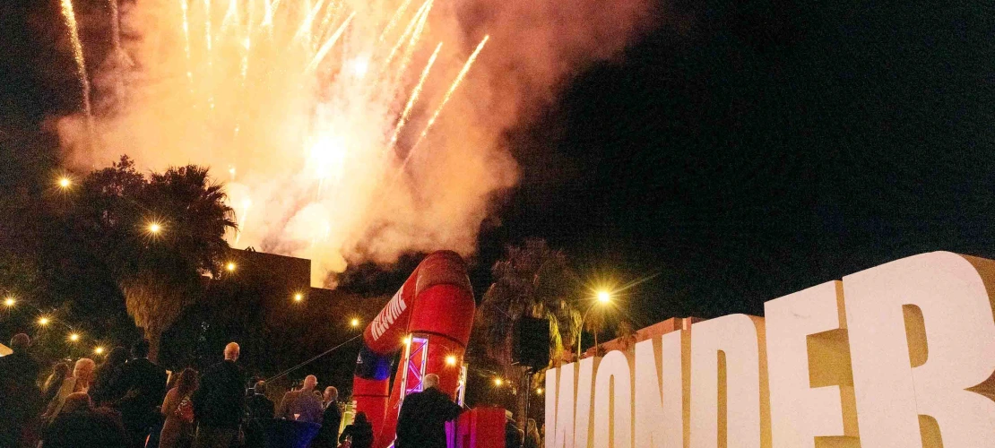 Fireworks display celebrates before large letters on the mall that spell WONDER