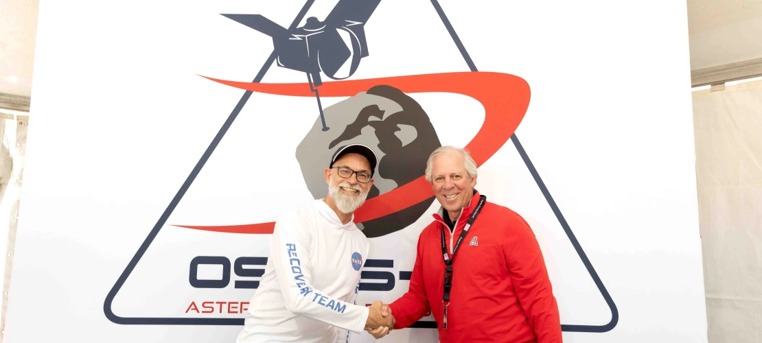 OSIRIS-REx principal  investigator Dante Lauretta  and University of Arizona  President Robert C. Robbins 