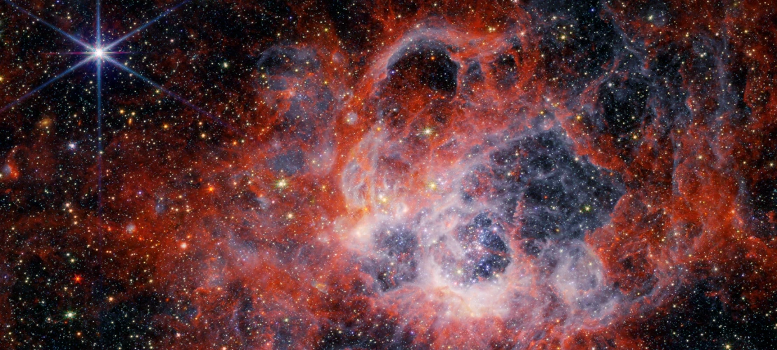 This image from NASA’s James Webb Space Telescope’s NIRCam (Near-Infrared Camera) of star-forming region NGC 604 shows how stellar winds from bright, hot young stars carve out cavities in surrounding gas and dust.