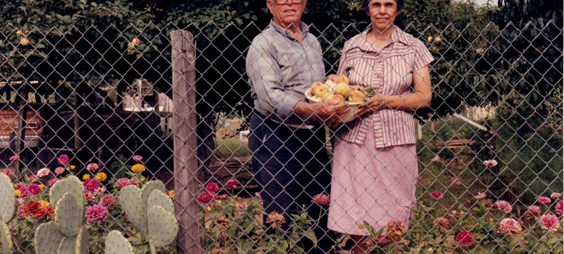 A photo of a man and a woman standing, holding a bowl behind a fence, with cacti and flowers surrounding them. 