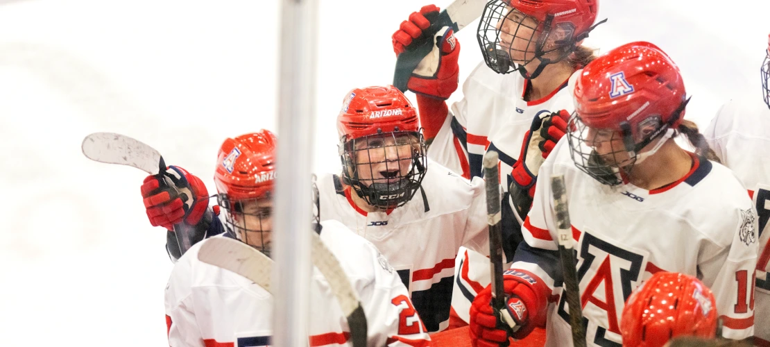 Arizona hockey players in red helmets gather on the bench, cheering and holding up their sticks.