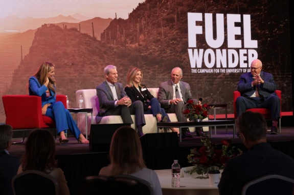 Alex Flanagan, UArizona alumna and media agent, with alumnus and former Macy's, Inc. Chairman and CEO Terry Lundgren, alumna and Steele Foundation President and CEO Marianne Cracchiolo Mago, university President Robert C. Robbins and University of Arizona Foundation President and CEO John-Paul Roczniak at the Fuel Wonder campaign launch in the Bear Down Building on Friday.