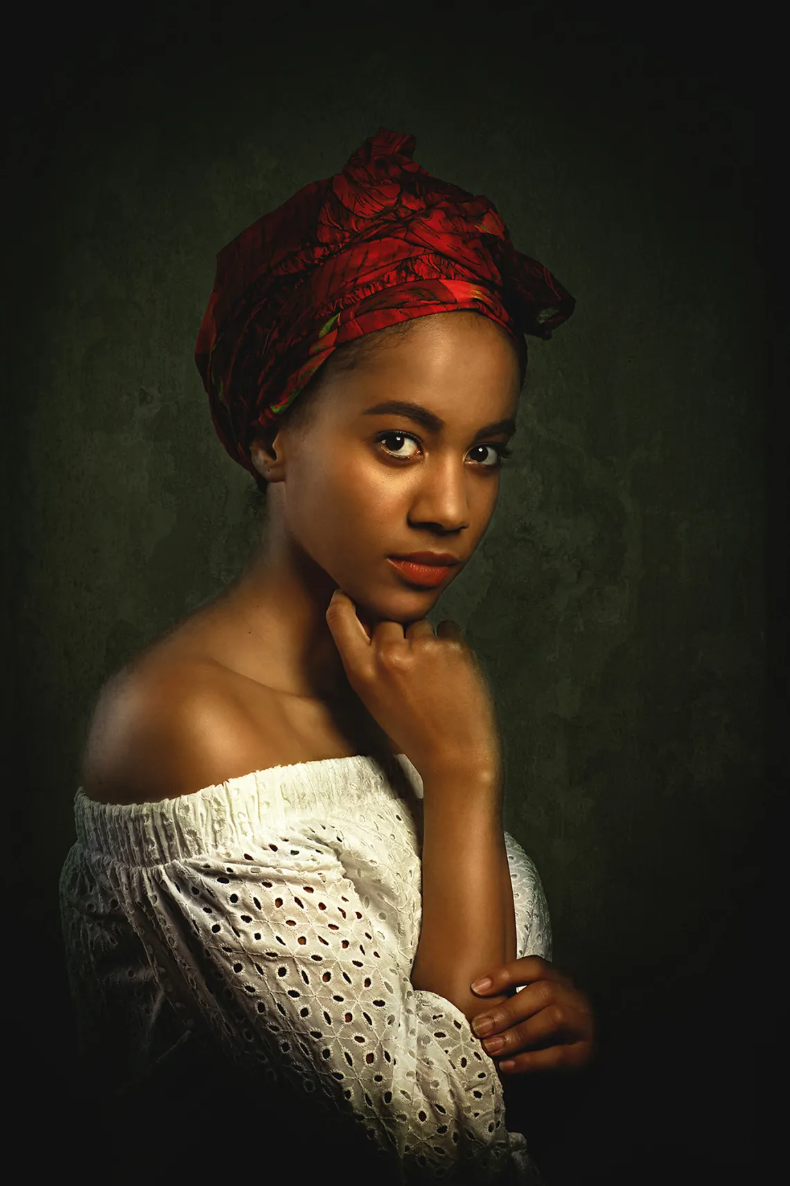 Painting of Black woman in white blouse and red headwrap