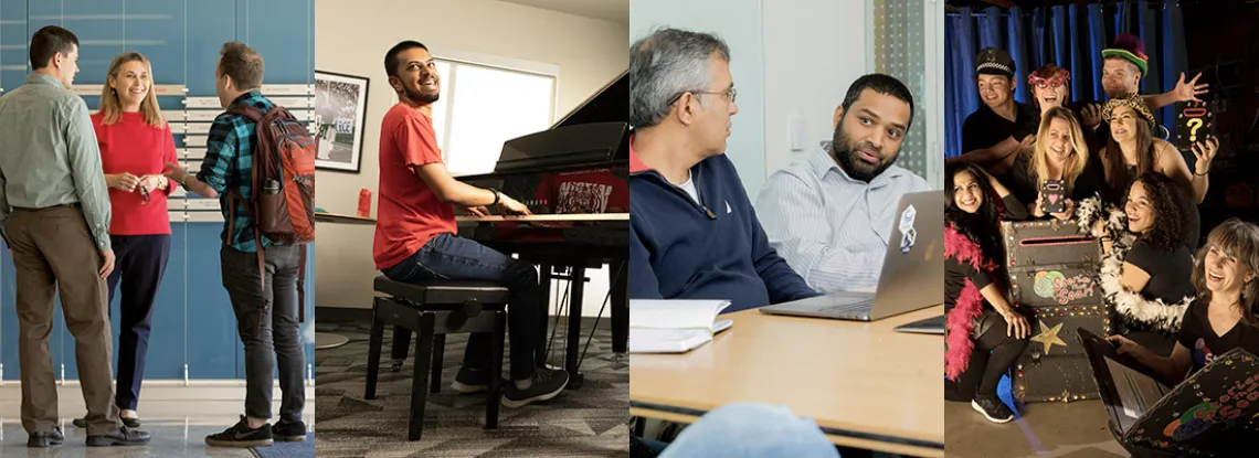 A photograph of a student chatting with staff, a student playing the piano, a student talking with a staff member on a laptop and students in a theatre