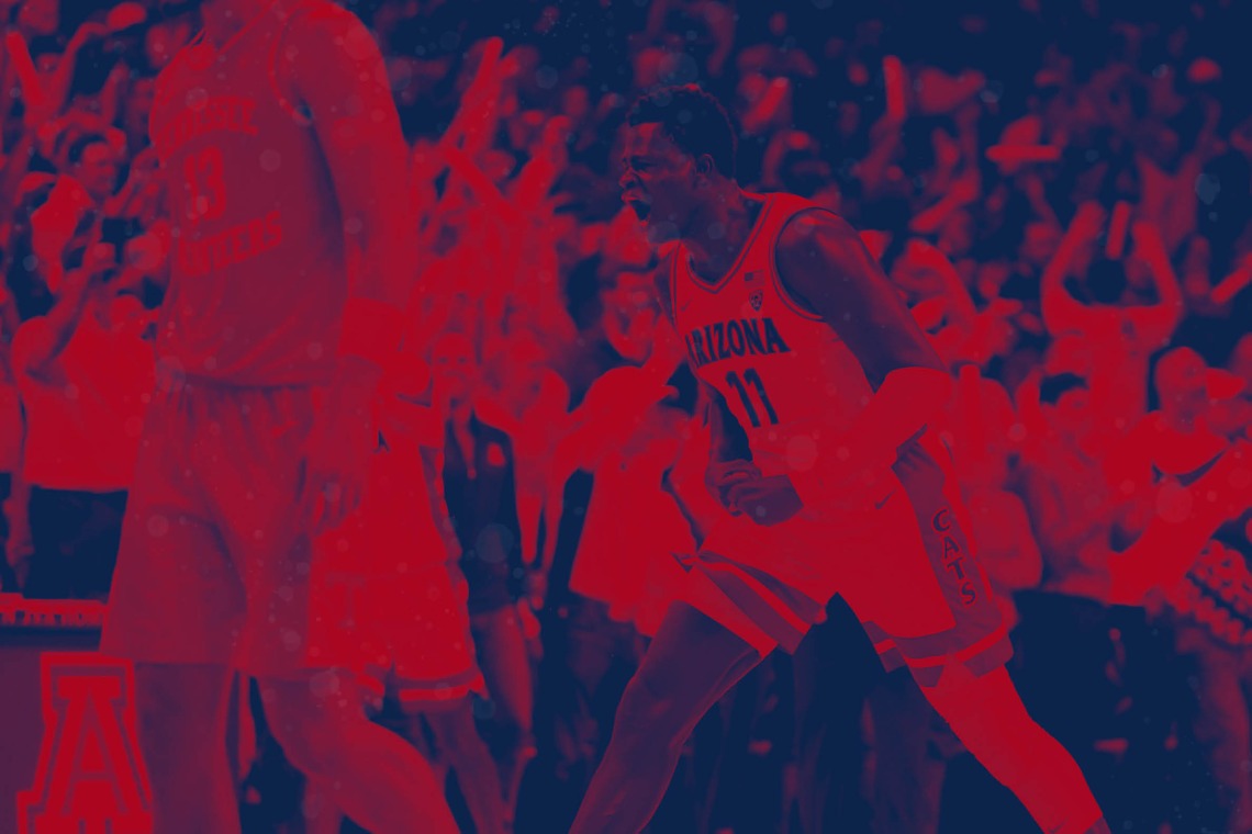Red and blue graphic with Arizona basketball player