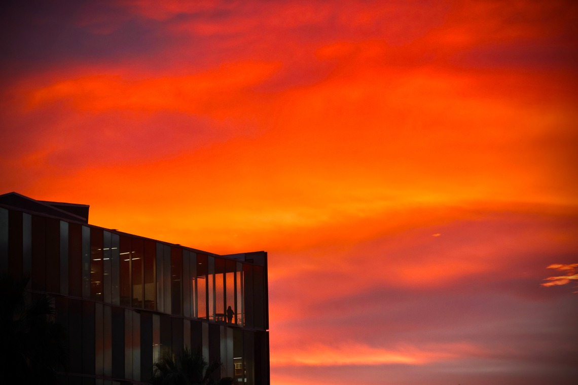 The top floors of the Wyant College of Optical Sciences on the campus  of the University of Arizona at sunset