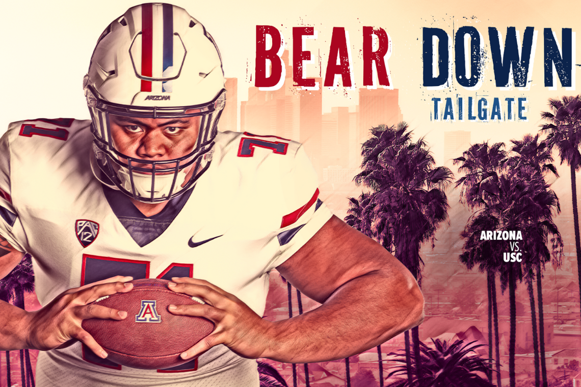 Graphic for USC Bear Down Tailgate event with UArizona football player posing with football in hand with LA skyline and palm trees behind him.