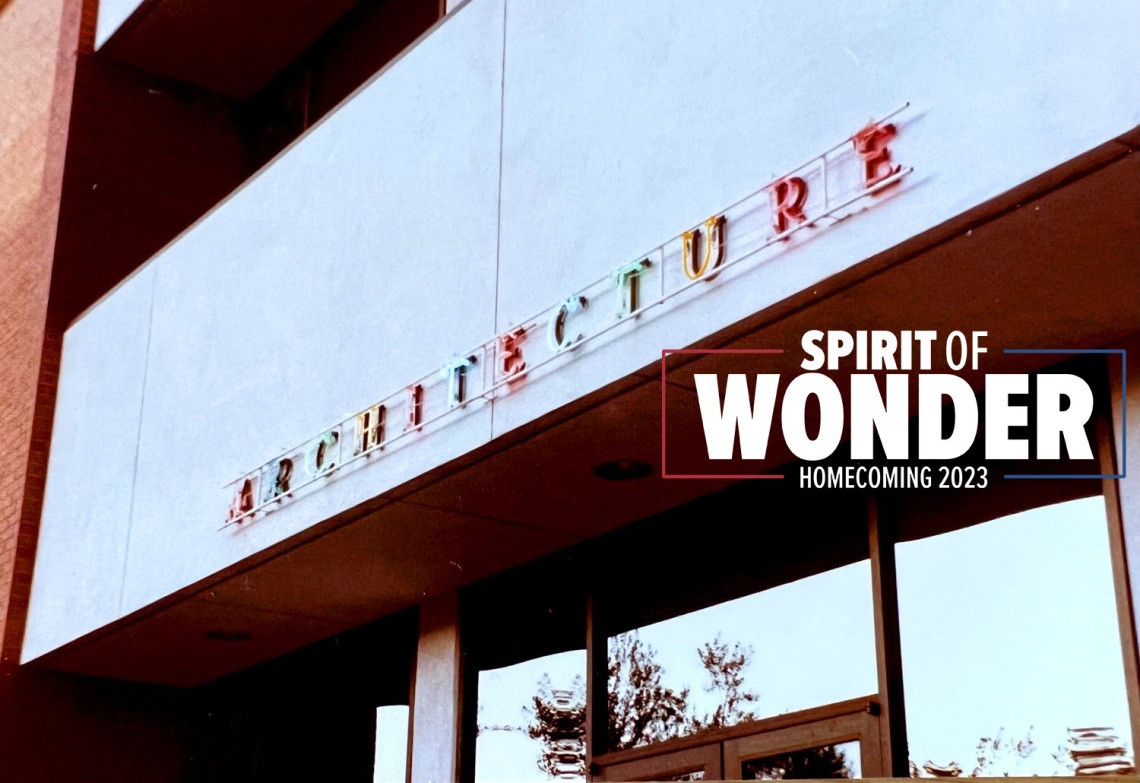 A photograph of the architecture building with spirit of wonder homecoming 2022 sign