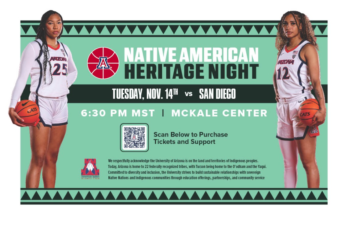 A photograph of two basketball players with the words "Native American Heritage Night Tuesday Nov. 14th vs San Diego. 6:30 PM MST McKale Center." Link to QR code with registration information. 