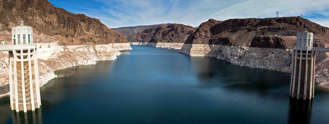 A view of the dam at Lake Mead showing dropping water levels