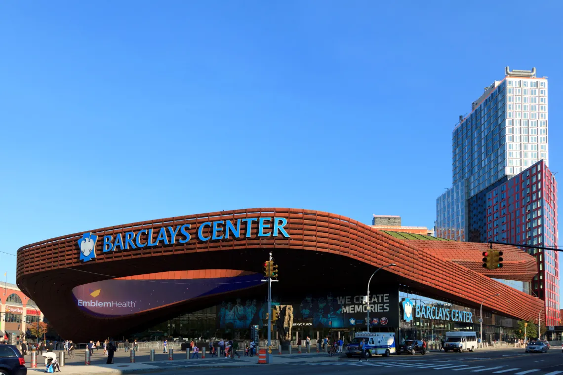 A photograph of the Barclays Center, a multi-purpose indoor arena in the New York City borough of Brooklyn.