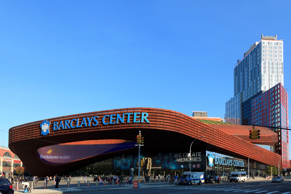 A photograph of the Barclays Center, a multi-purpose indoor arena in the New York City borough of Brooklyn.