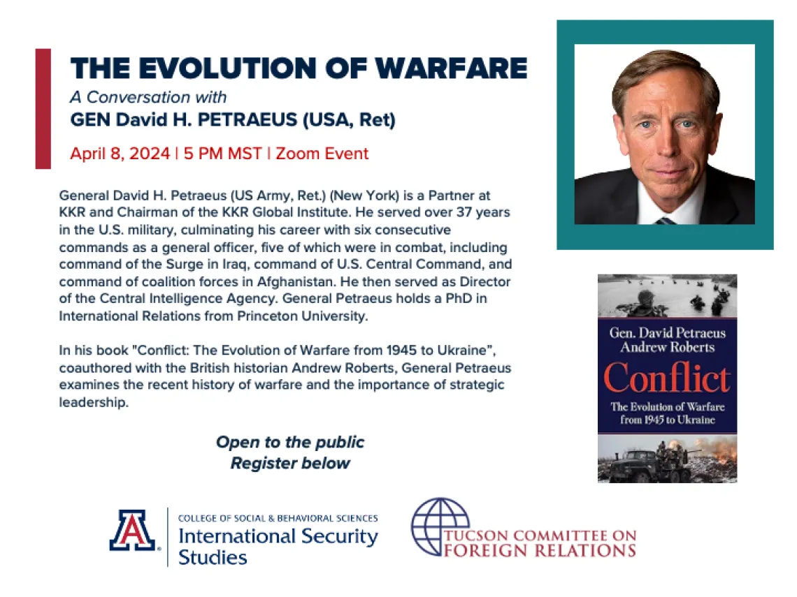 A flyer with Gen. David H. Petraeus (USA, Ret) above his book titled "Conflict"