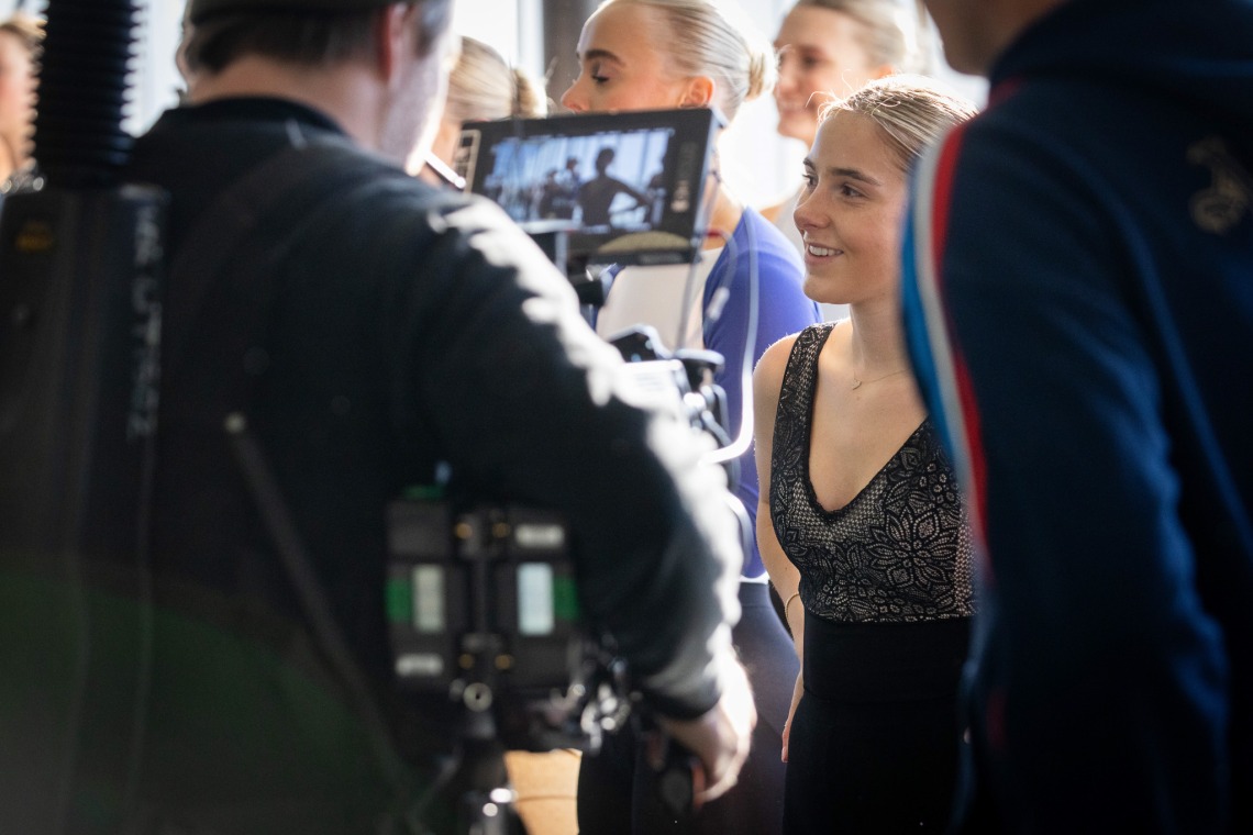 Image of School of Dance sophomore Avery Gay in front of a camera