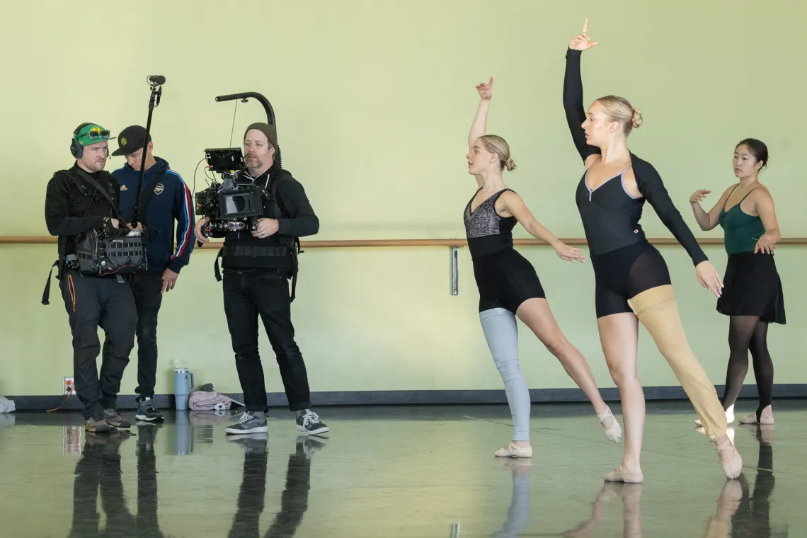 Image of School of Dance sophomore Avery Gay practicing with peers