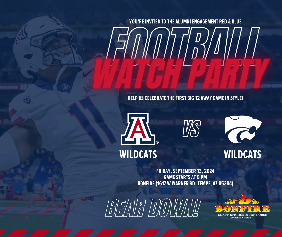 A graphic with a Wildcat football player on the field with the words "Football Watch Party" with event information