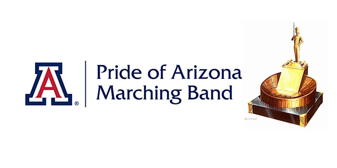 Text that reads 'Pride of Arizona Marching Band' with a Block A and Sudler trophy 