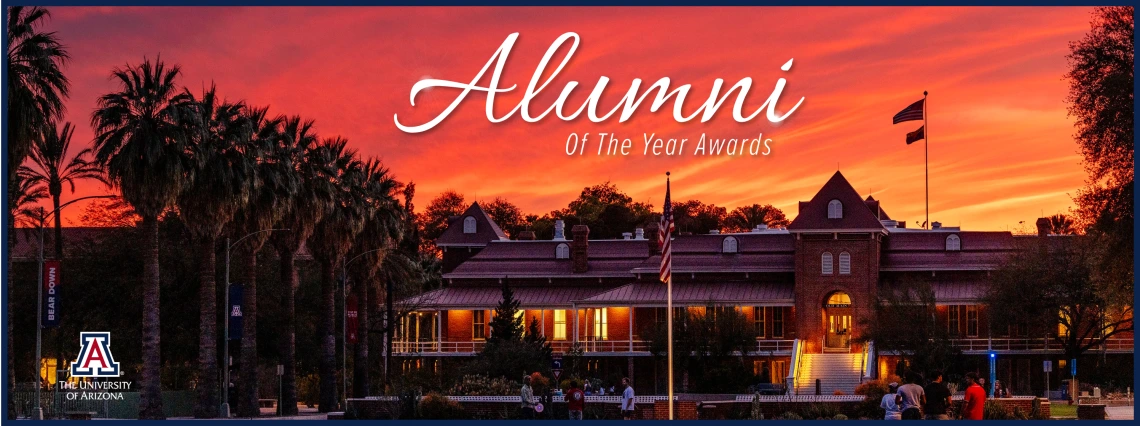 Alumni of the Year Awards text over a picture of Old Main at sunset