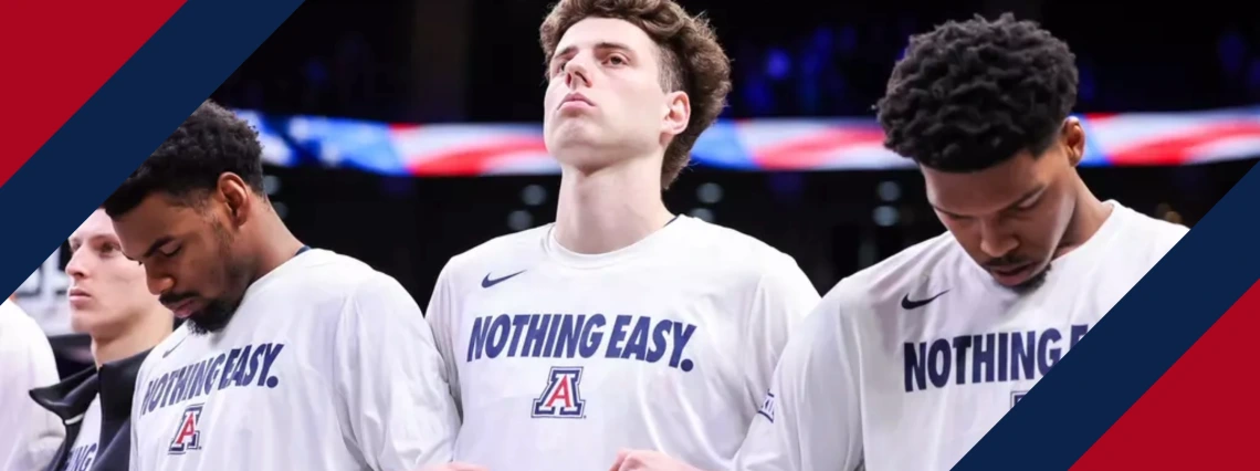 An image of Arizona Men's Basketball players, KJ Lewis, Anthony Dell'Orso, and Caleb Love on the basketball court