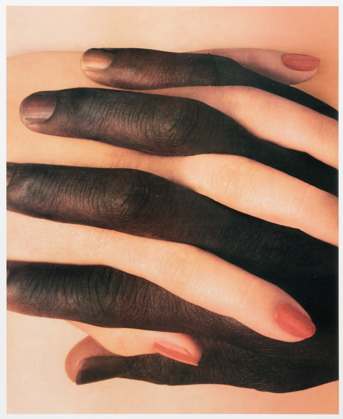 A tightly cropped image of interlaced hands, one with dark skin and the other light, symbolizing intimacy or unity.