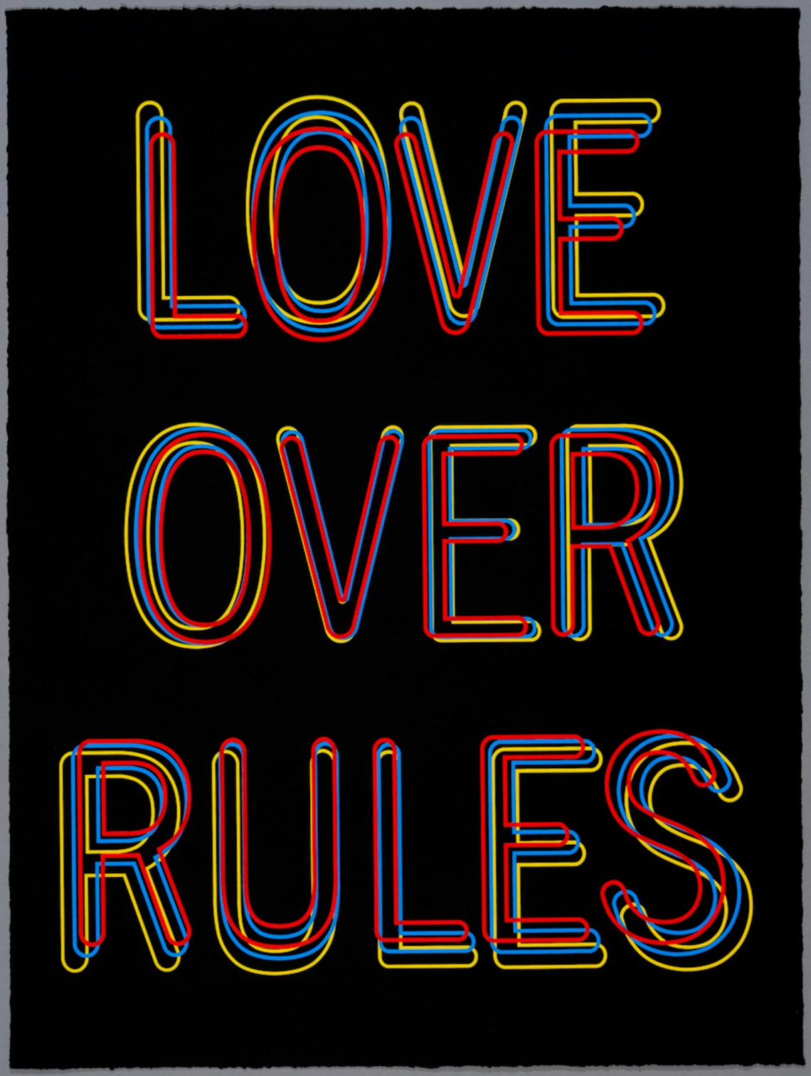 The phrase “LOVE OVER RULES” is written in vibrant overlapping red, yellow, and blue neon-style letters on a black background.