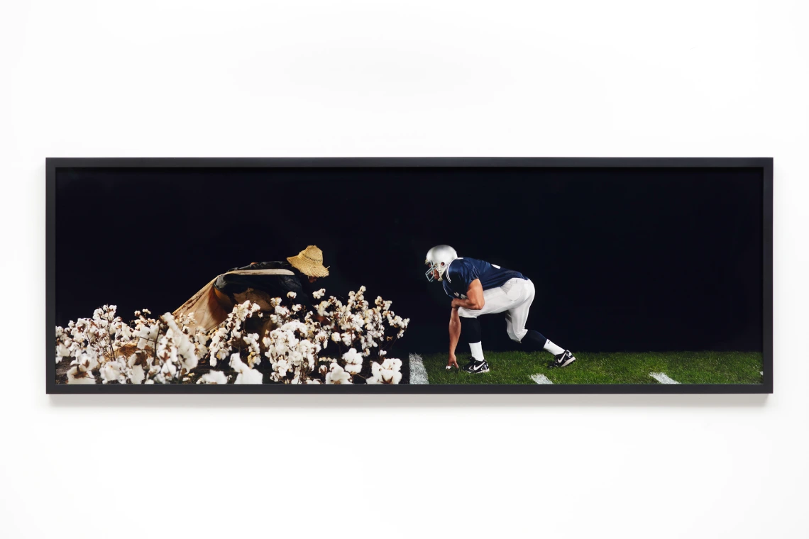 A surreal composition of a football player crouched in position opposite a cotton field and a figure slumped over wearing a straw hat.