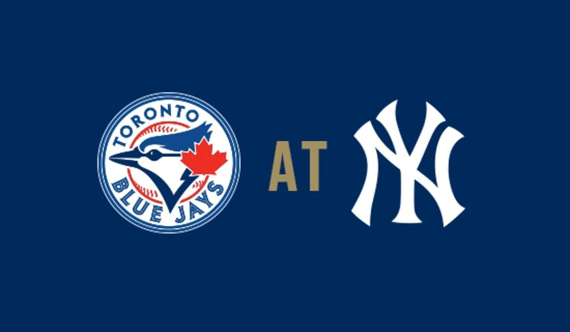A graphic showing the Toronto Bloue Jays' logo at the New York Yankees logo.