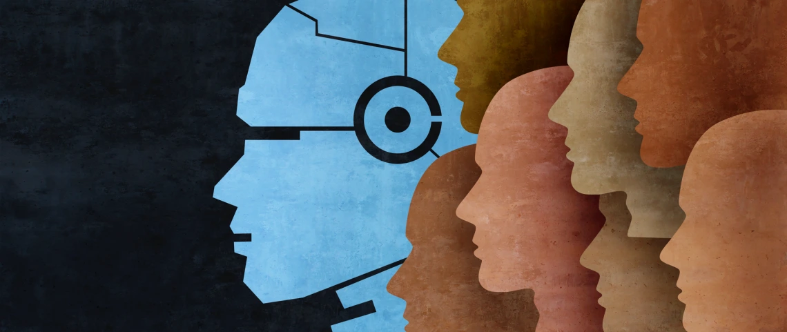 A decorative image showing a green profile of a face overlaid with additional human profile views in tan, brown, and gray.