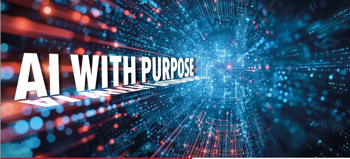 Digital artwork with glowing blue and red light patterns resembling data streams and circuitry. Large white text in the foreground reads “AI WITH PURPOSE.”