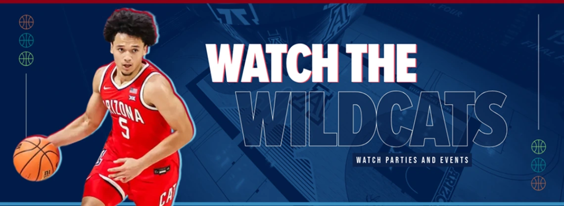 A graphic for the event that reads "Watch the Wildcats! Watch parties and events". The background of the graphic is the court in McKale with an Arizona Blue overlay. Arizona basketball player, #5 Brayden Burries is seen dribbling a basketball.