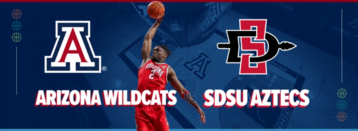 A basketball player throwing a basketball with the words "Arizona Wildcats vs. SDSU Aztecs"