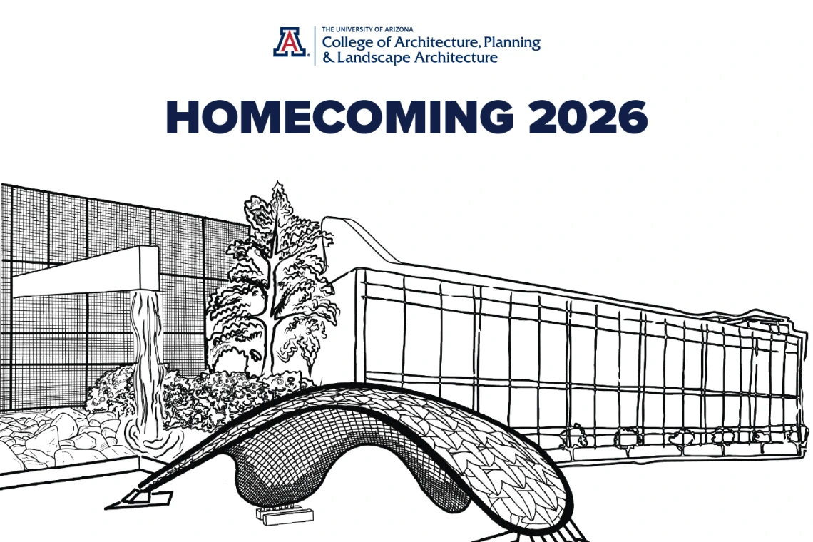 A graphic for University of Arizona CAPLA Homecoming 2026. Their Building is featured in an illustration with the words "HOMECOMING 2026" in black above it.