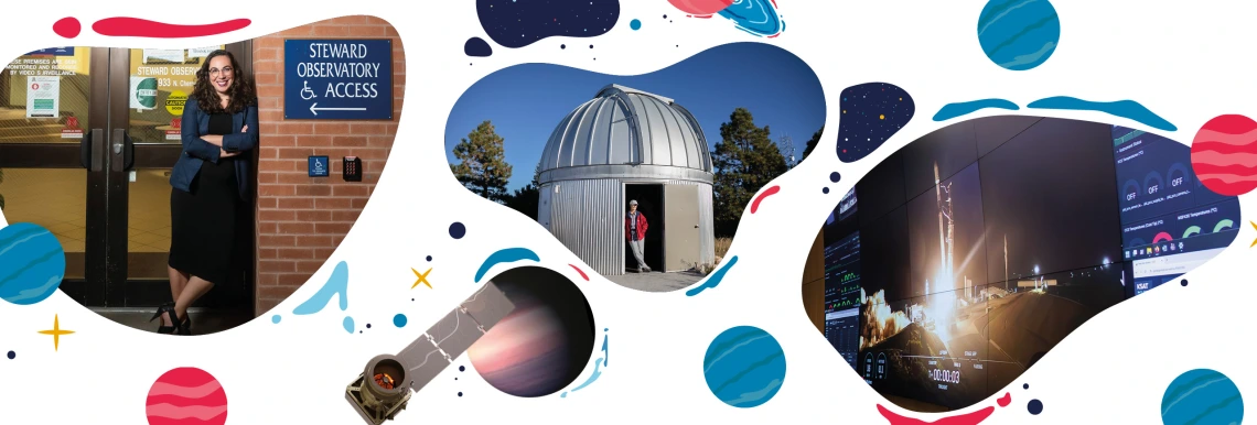 A graphic including multiple images. Left, a woman is seen smiling with her arms crossed leaning against a wall. Lower middle shows a satellite orbiting a planet.  Upper middle shows a woman leaning against a building for space science. Right is a photo of multiple screens showing the blast off of a rocket with dials and dashboards to the left and right of the main image.