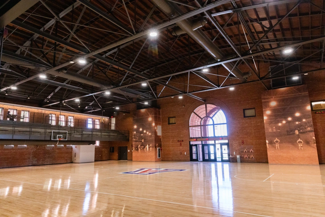 A present-day image of the renovated basketball court in the Bear Down Building.
