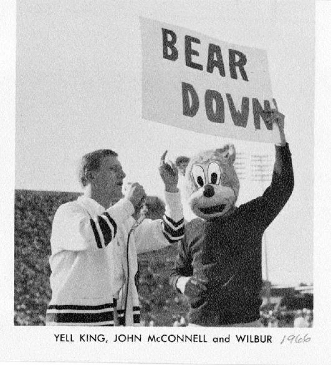 Historic black-and-white photograph of an early Wilbur Wildcat mascot standing beside a cheer leader holding a "BEAR DOWN" sign at a University of Arizona event.