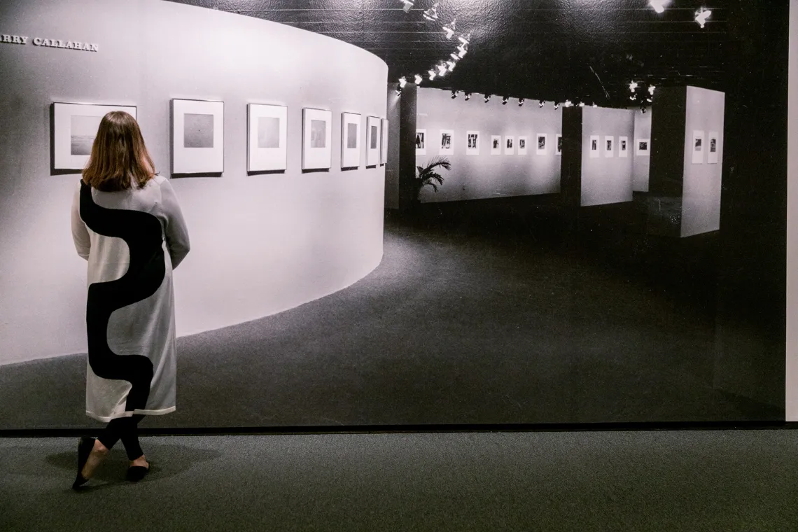 A photograph of a woman wearing a black and white zig-zag dress while looking out into the art installment 