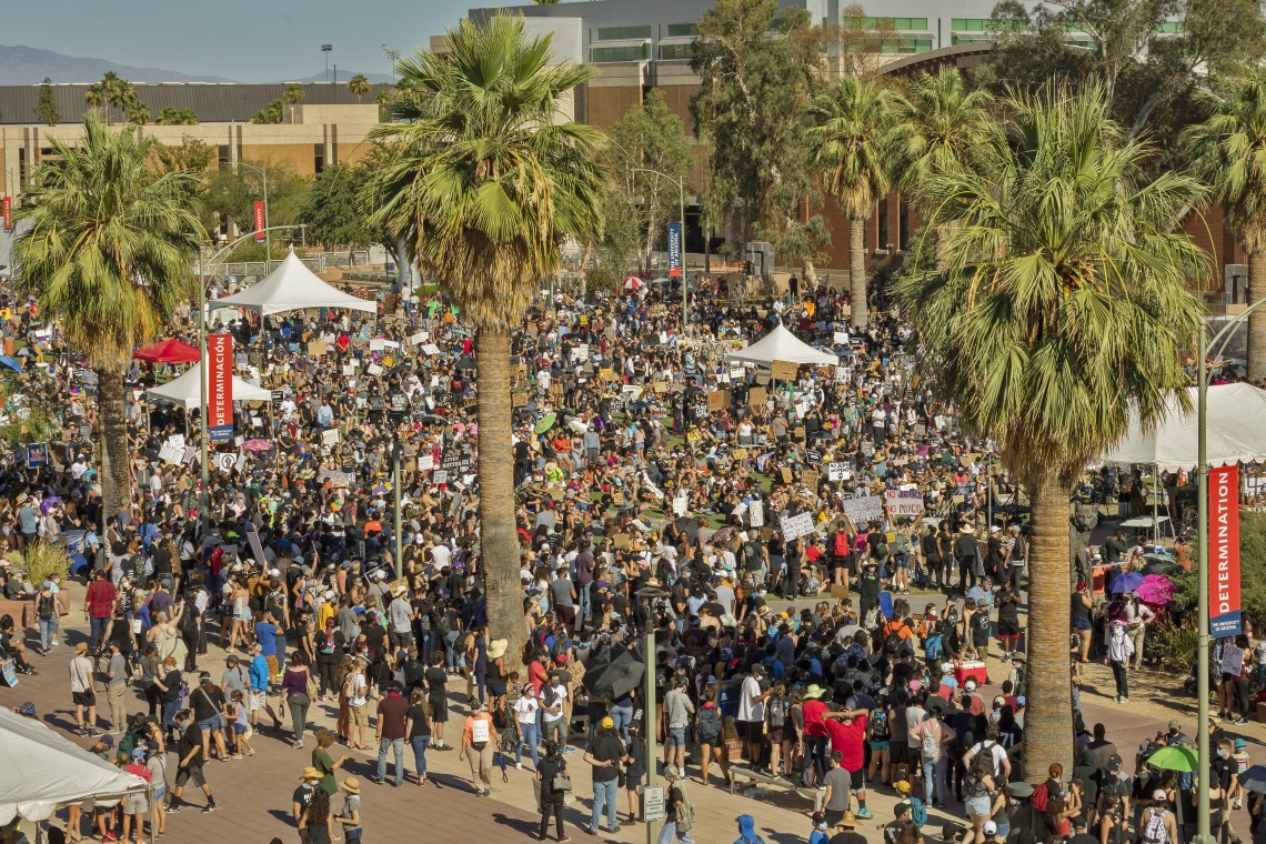 An aerial shot of the Black Lives Matter event at the University of Arizona campus