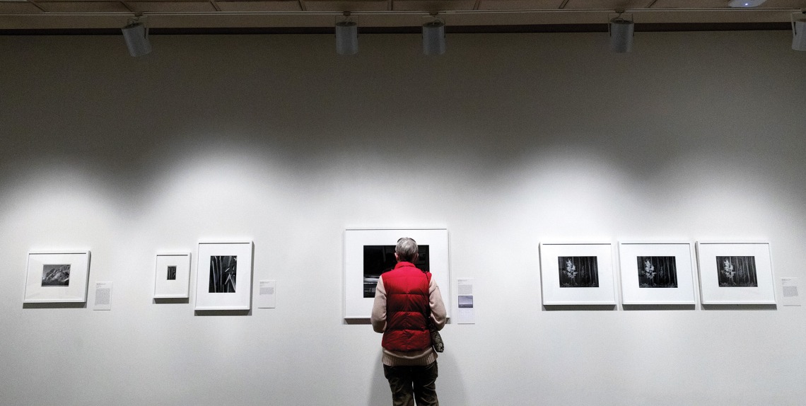 A photograph of an attendee looking at a photograph closely and intently 